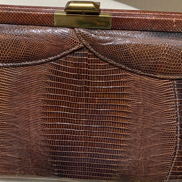 Vintage Snakeskin Elegant Brown Leather Clutch with Brass Hardware